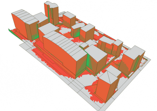 Site du Tripode à Nantes : Dans le cadre d’une démarche bioclimatique, l’objectif de l’architecte était de s’assurer que les choix effectués permettaient de contrôler les besoins en énergie, tout en veillant au confort des usagers. Ici, simulations de l’énergie solaire directe maximale reçue en juin sur les surfaces horizontales et verticales. Crédits photo : Francis Miguet